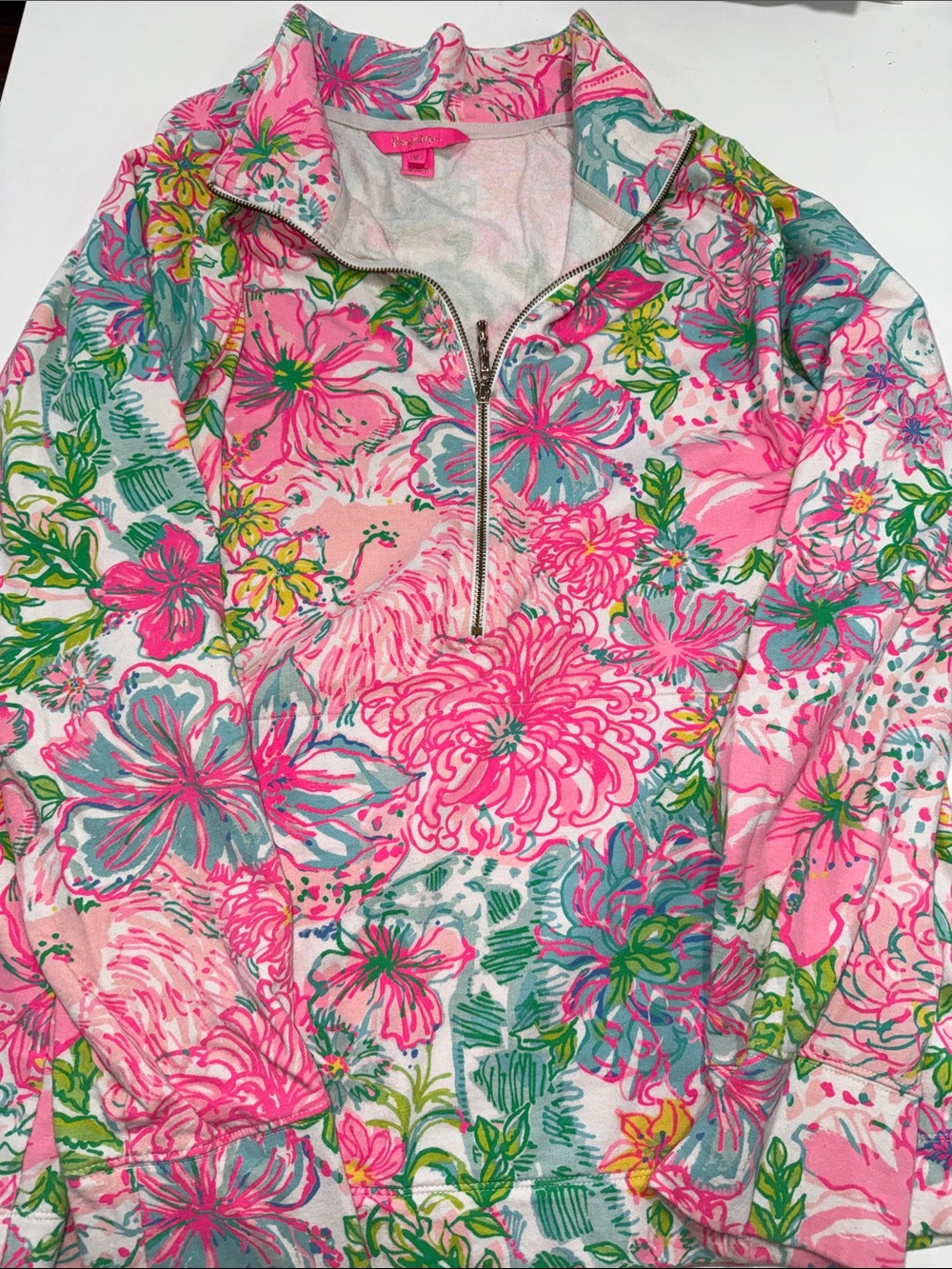 Lilly Pulitzer Hot Pink Floral Zip Hoodie with Teal & Lime Accents